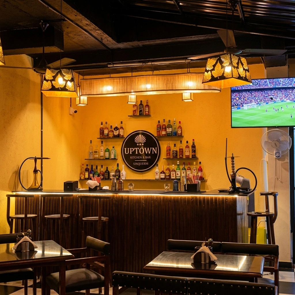 The bar counter under the lit Uptown sign, match on the screen