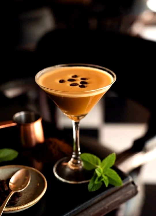 An espresso martini in a copper coupe